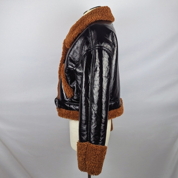 BLANK NYC Moto Jacket Vegan Patent Leather Faux Shearling Black Copper M NWT - Picture 10 of 14